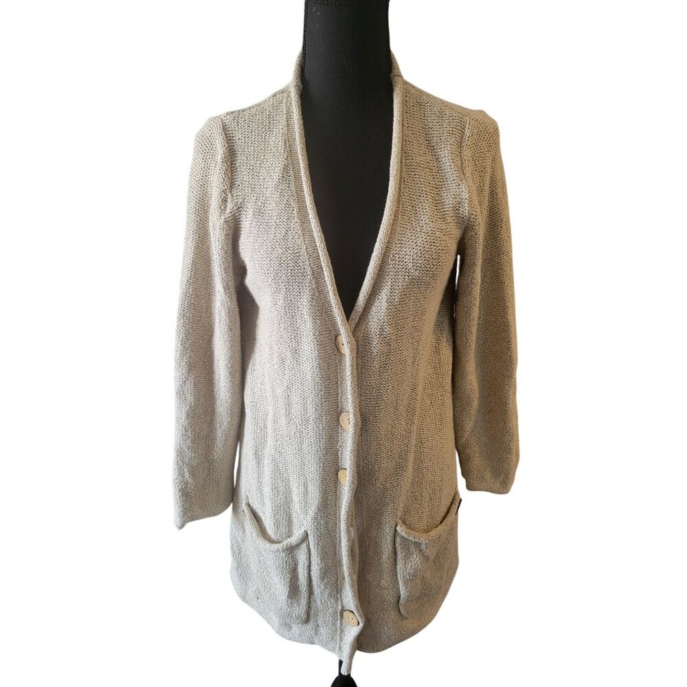 Habitat Beige Linen Long Line Lone Sleeve Cardigan with Pockets Size S Lagenlook - Picture 2 of 12